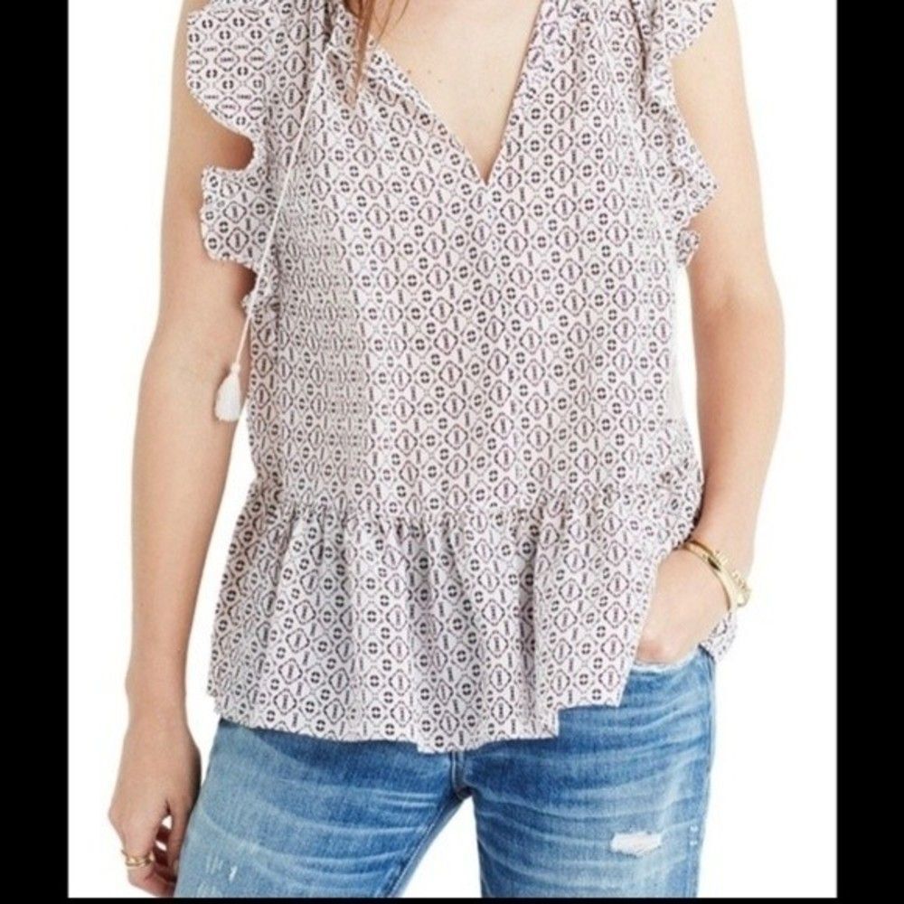 Madewell Lily Silk Ruffle Sleeveless Top in Echo Grid